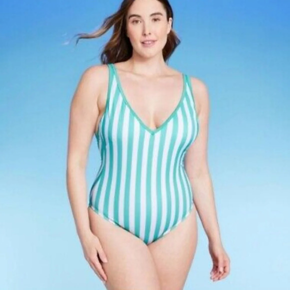 Kona Sol •Plus Size 24• V-neck Striped Turquoise White One Piece Swimsuit NWT - Picture 3 of 10